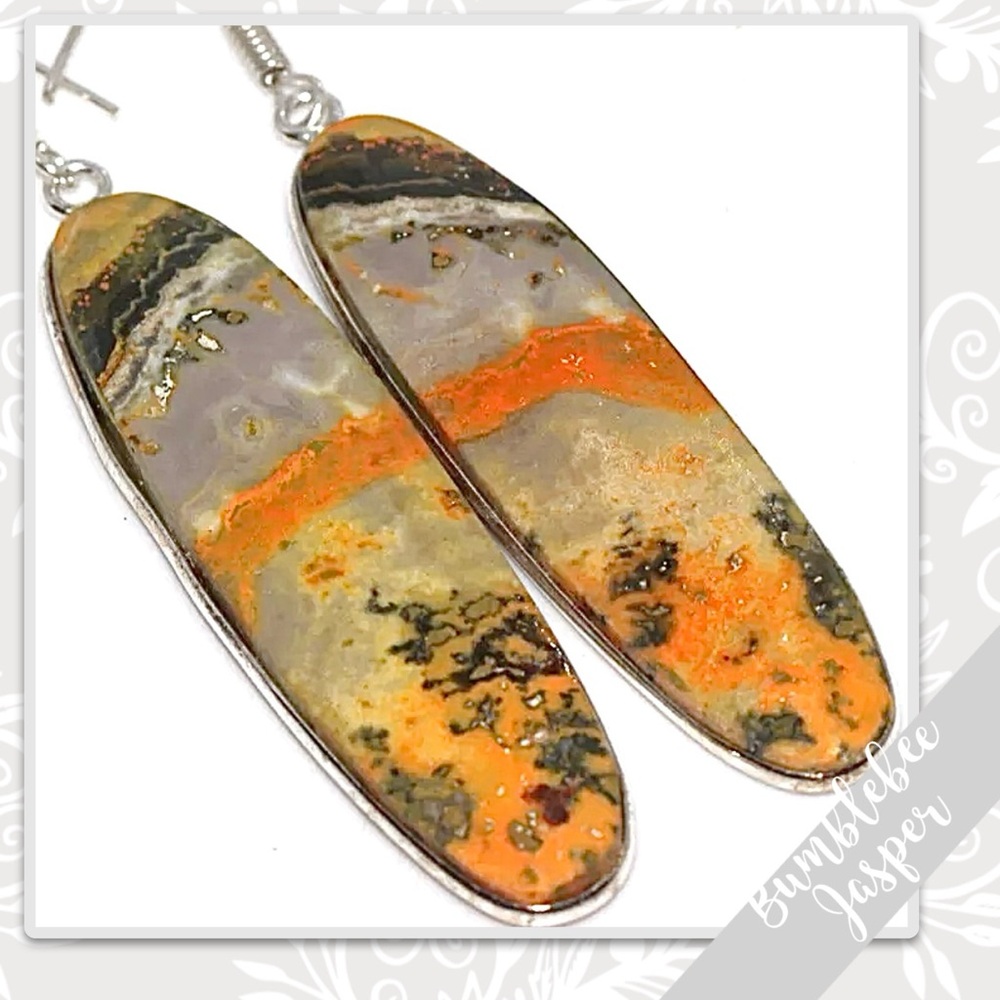 Bumblebee Jasper Large Silver Artisan Drop Dangle Earrings 3” Gold Yellow Orange - Picture 2 of 2